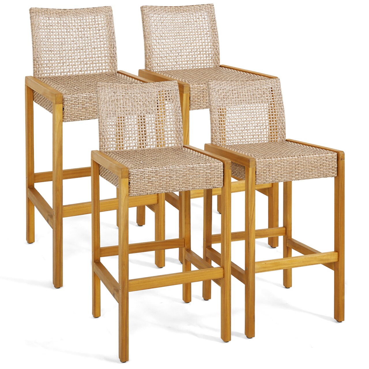 Wicker Bar Stools Set Of 4 Patio Chairs W/ Solid Wood Frame And Ergonomic Footrest Light Brown
